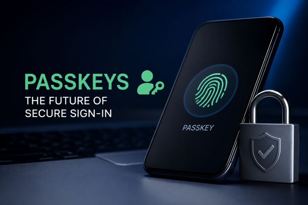 Passkeys Replacing Passwords: Your Secure Sign-In Guide Passkeys replacing passwords with secure passwordless authentication using fingerprint verification on a smartphone.