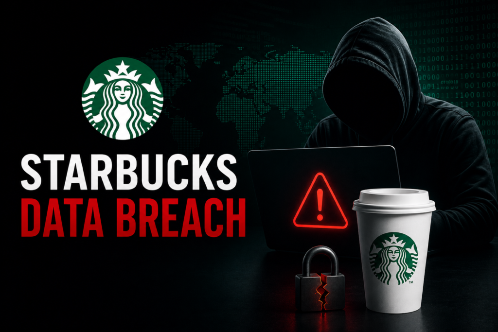 Starbucks Data Breach Alleged: 176M Records Listed for Sale Illustration showing the alleged Starbucks Data Breach with customer records displayed on a hacker forum.