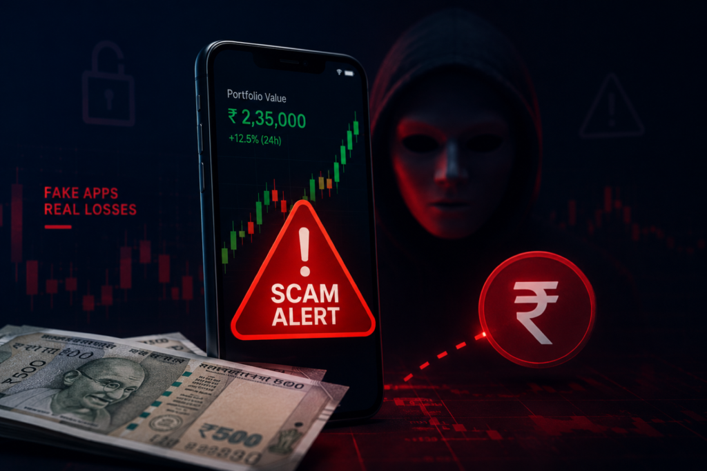 Fake Trading Apps Scam: ₹7,061 Crore Lost by Indians Fake Trading Apps Scam warning showing fraudulent investment apps targeting Indian investors.