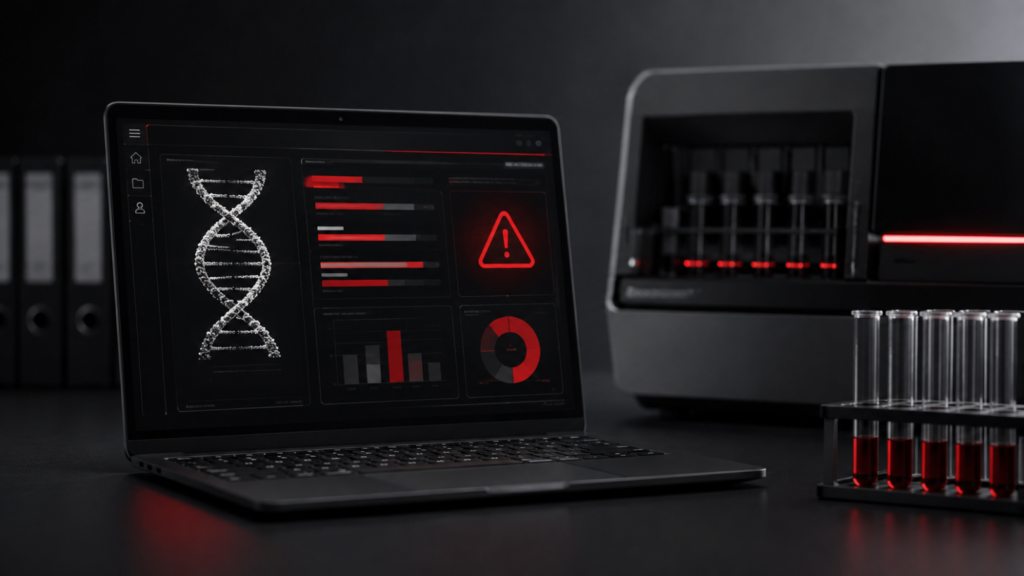 Illustration showing forensic DNA analysis software affected by the DNA Test Software Vulnerability.