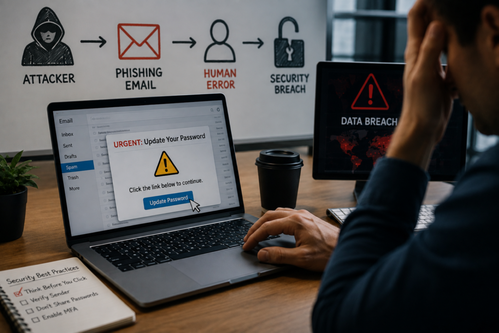 Security Awareness infographic showing phishing, weak passwords, and employee cybersecurity training.