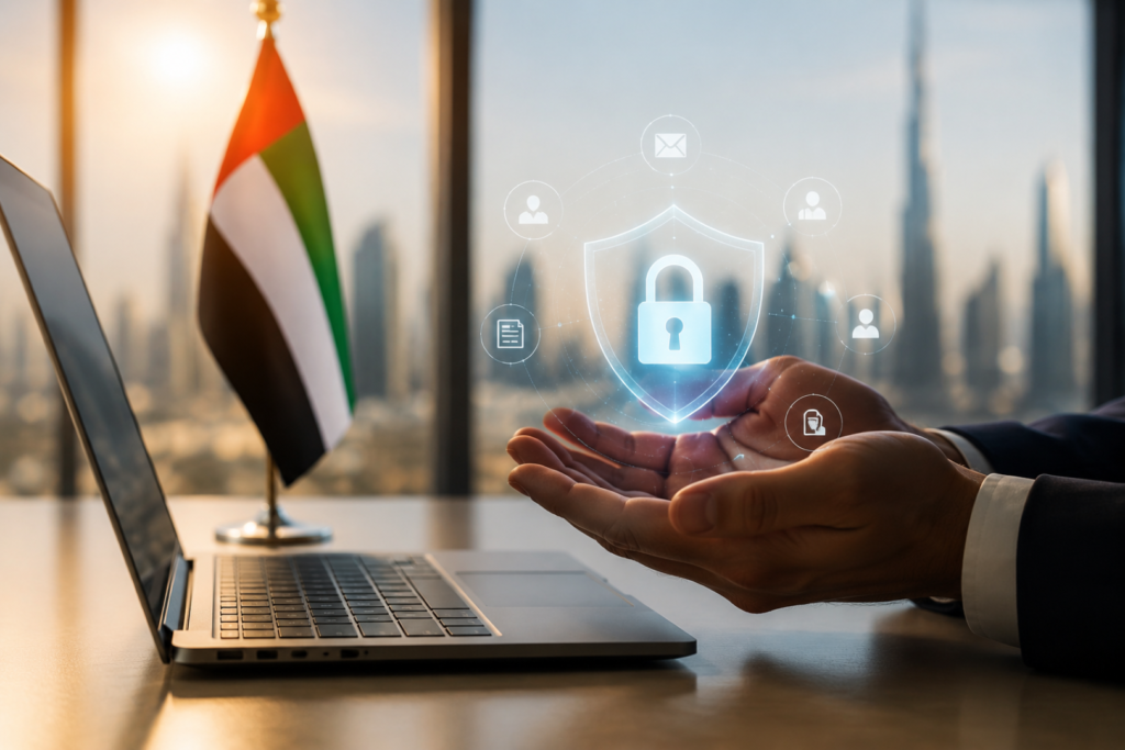 UAE Data Protection Compliance: The Full Requirements Guide (2026) Data protection compliance Dubai concept showing secure business data, privacy protection, and UAE cybersecurity compliance.