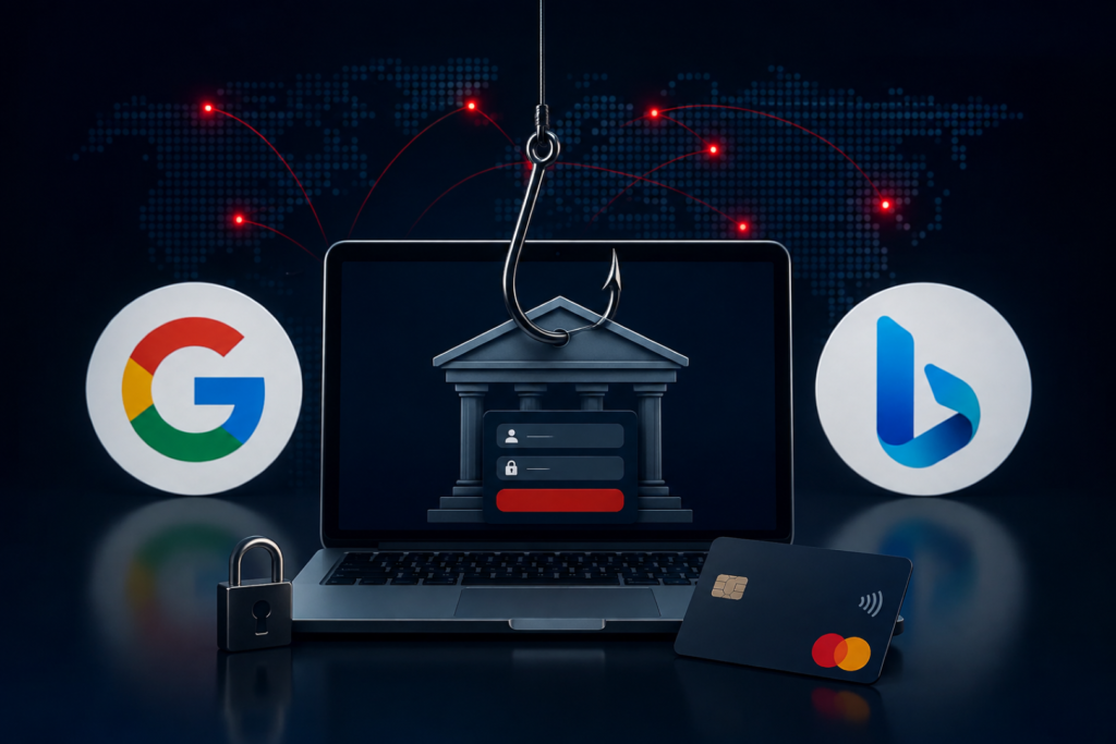 Chameleon SEO Poisoning showing a fake banking login hidden in search results
