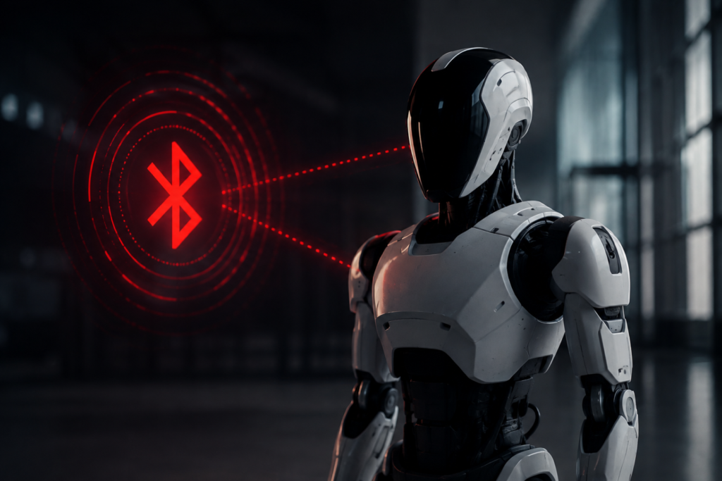 Unitree G1 Robot Vulnerability showing a humanoid robot exposed to a Bluetooth cyberattack