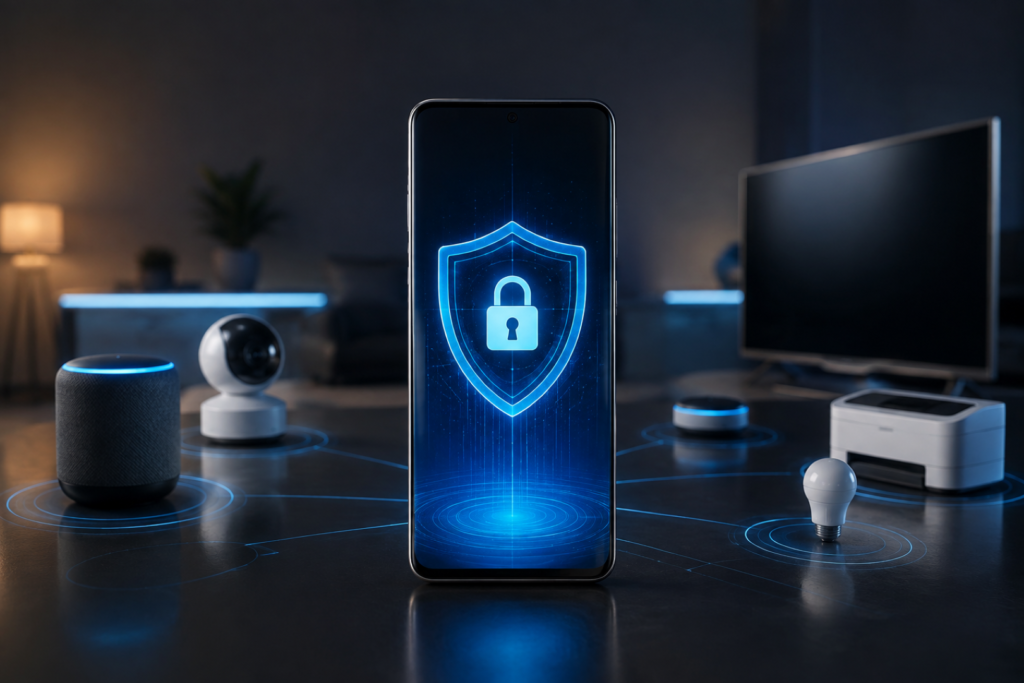 Android 17 Network Privacy: Stronger Wi-Fi Security Android 17 Network Privacy protecting a smartphone and connected Wi-Fi devices