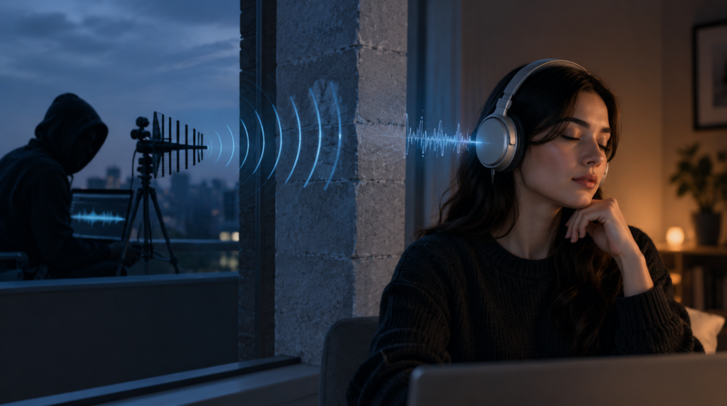 InjectEave Attack showing electromagnetic audio eavesdropping from headphones