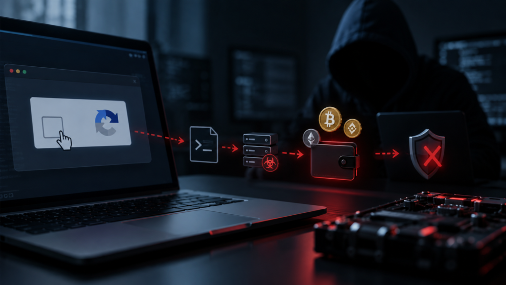 ClearFake Malware attack chain showing crypto theft and EDR defense evasion